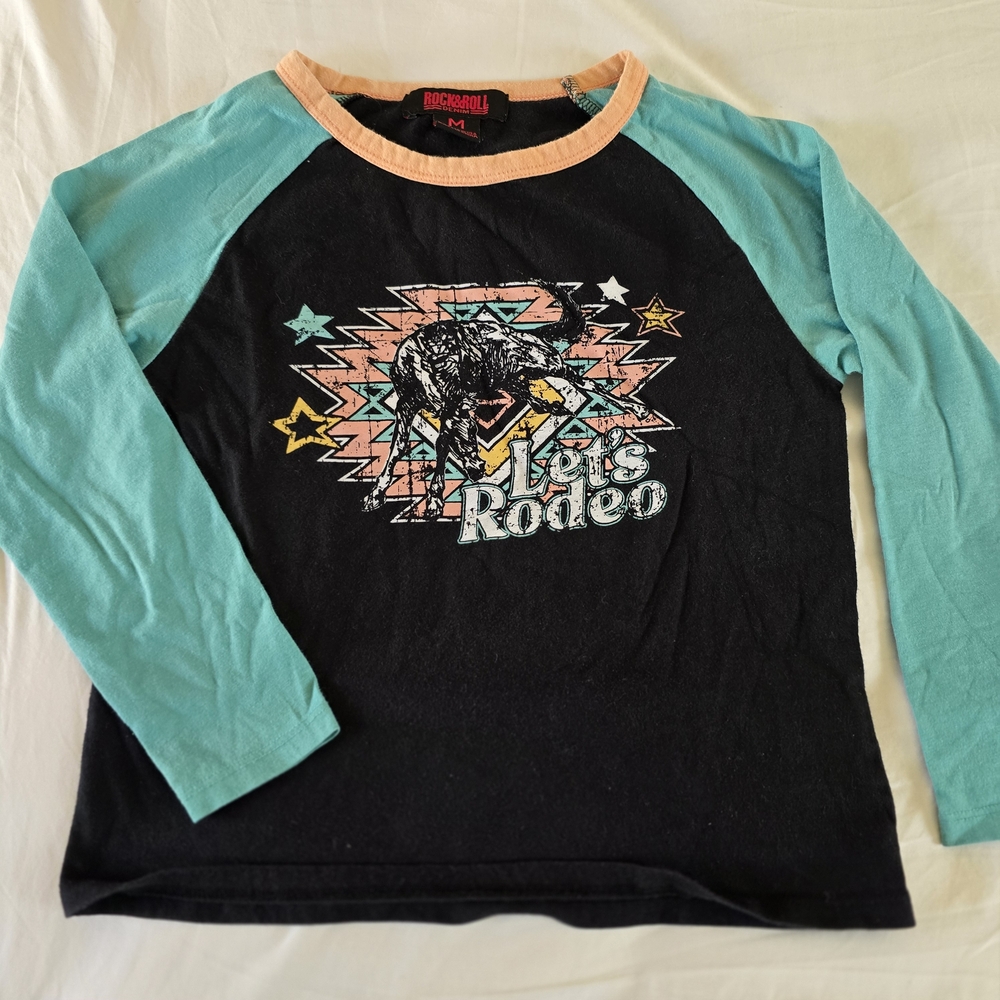 Rock and Roll Denim Girls Lets Rodeo‎ Bull Graphic Raglan Baseball Tee Black M